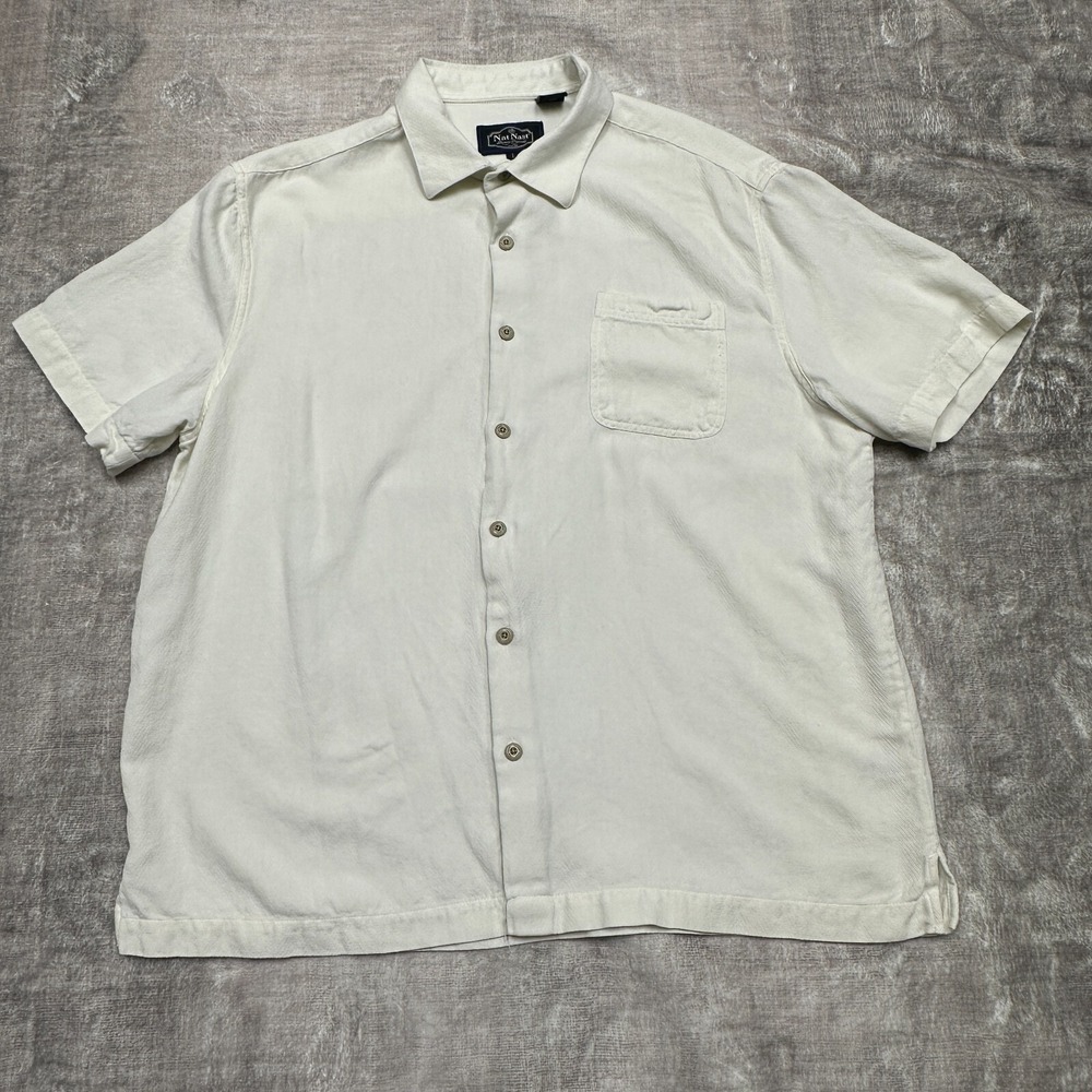 Nat Nast Luxury Originals Shirt Mens Large Ivory Silk Blend Short Sleeve Casual